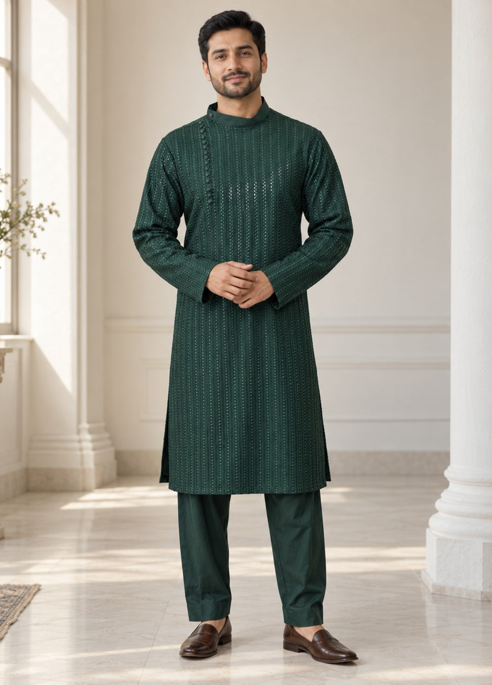 TGM Mens RTW Chikankari Chikankari Kurta Pajama Suit Eminence Green Festive Collection