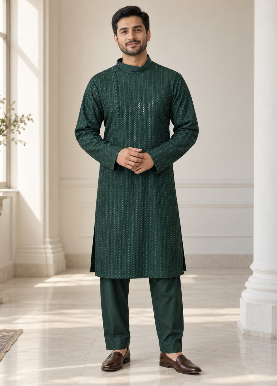 TGM Mens RTW Chikankari Chikankari Kurta Pajama Suit Eminence Green Festive Collection