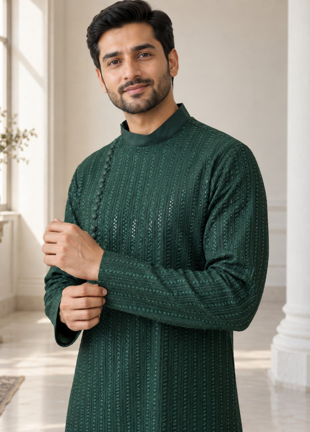 TGM Mens RTW Chikankari Chikankari Kurta Pajama Suit Eminence Green Festive Collection