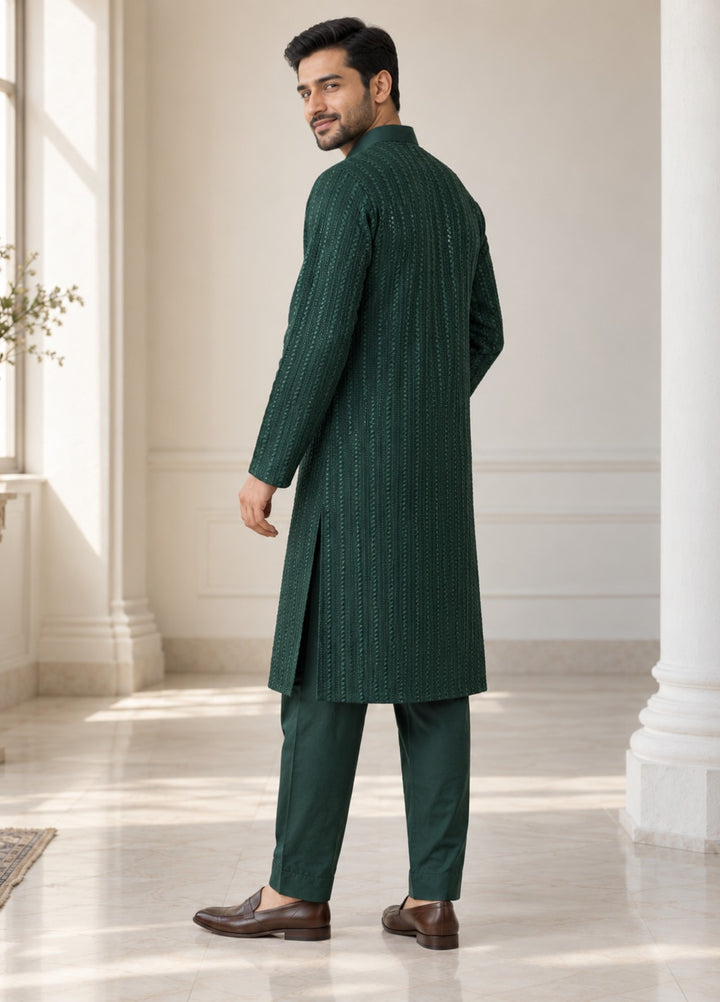 TGM Mens RTW Chikankari Chikankari Kurta Pajama Suit Eminence Green Festive Collection