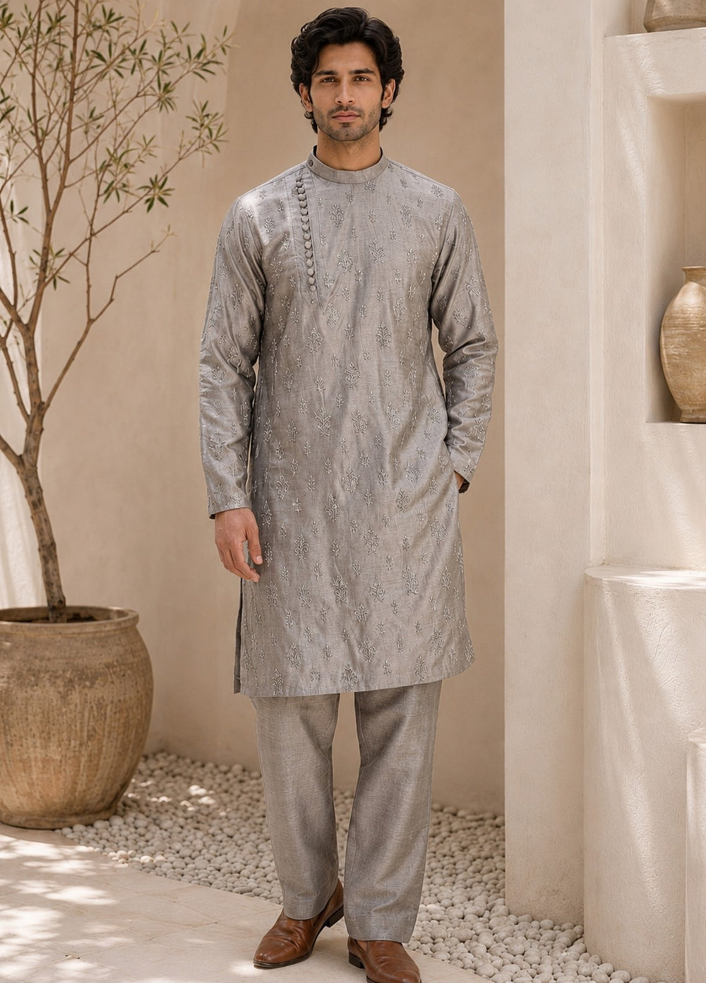 TGM Mens RTW Chikankari Chikankari Kurta Pajama Suit Eminence Grey Festive Collection