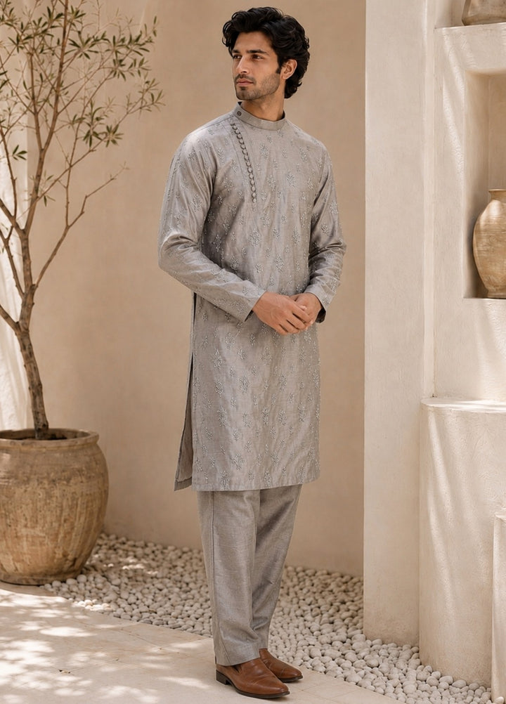 TGM Mens RTW Chikankari Chikankari Kurta Pajama Suit Eminence Grey Festive Collection