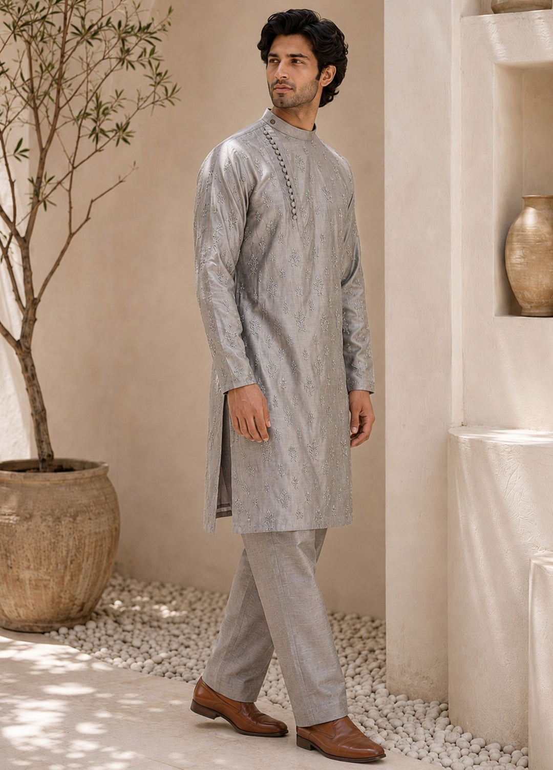 TGM Mens RTW Chikankari Chikankari Kurta Pajama Suit Eminence Grey Festive Collection