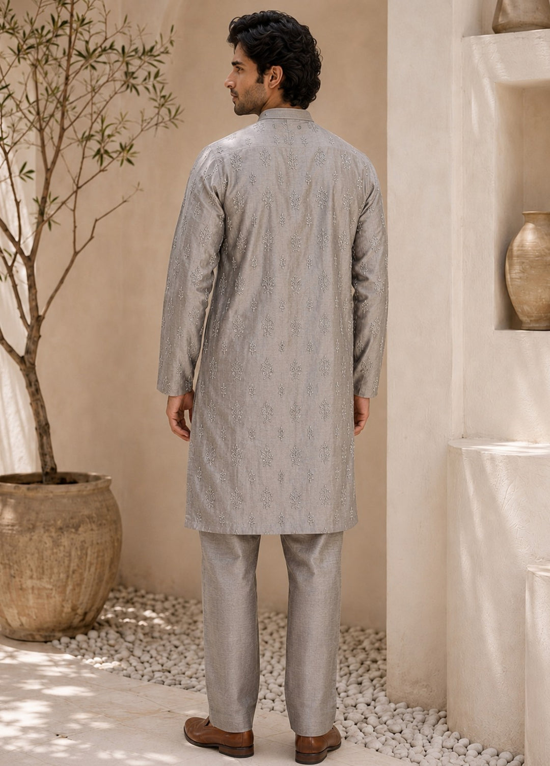 TGM Mens RTW Chikankari Chikankari Kurta Pajama Suit Eminence Grey Festive Collection