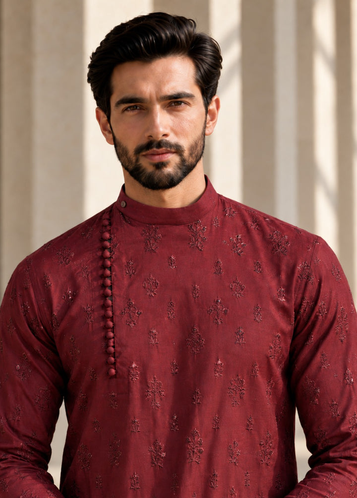 TGM Mens RTW Chikankari Chikankari Kurta Pajama Suit Eminence Maroon Festive Collection