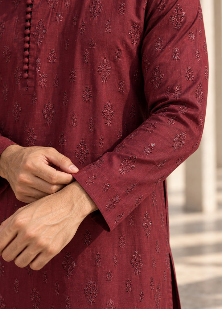 TGM Mens RTW Chikankari Chikankari Kurta Pajama Suit Eminence Maroon Festive Collection