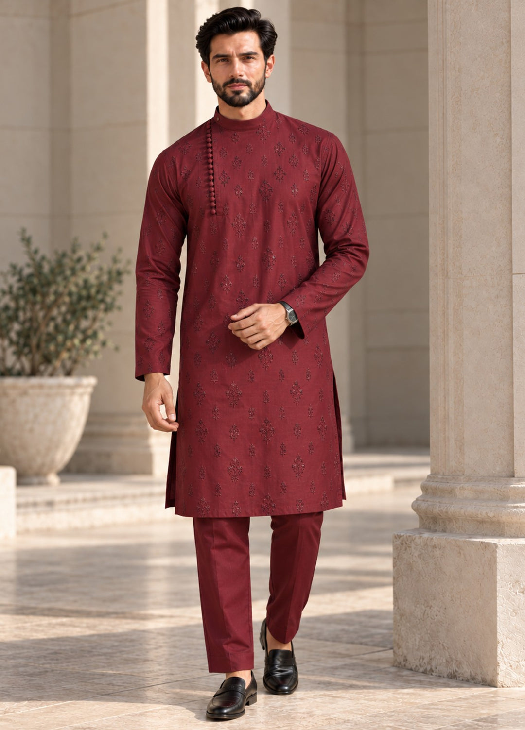 TGM Mens RTW Chikankari Chikankari Kurta Pajama Suit Eminence Maroon Festive Collection
