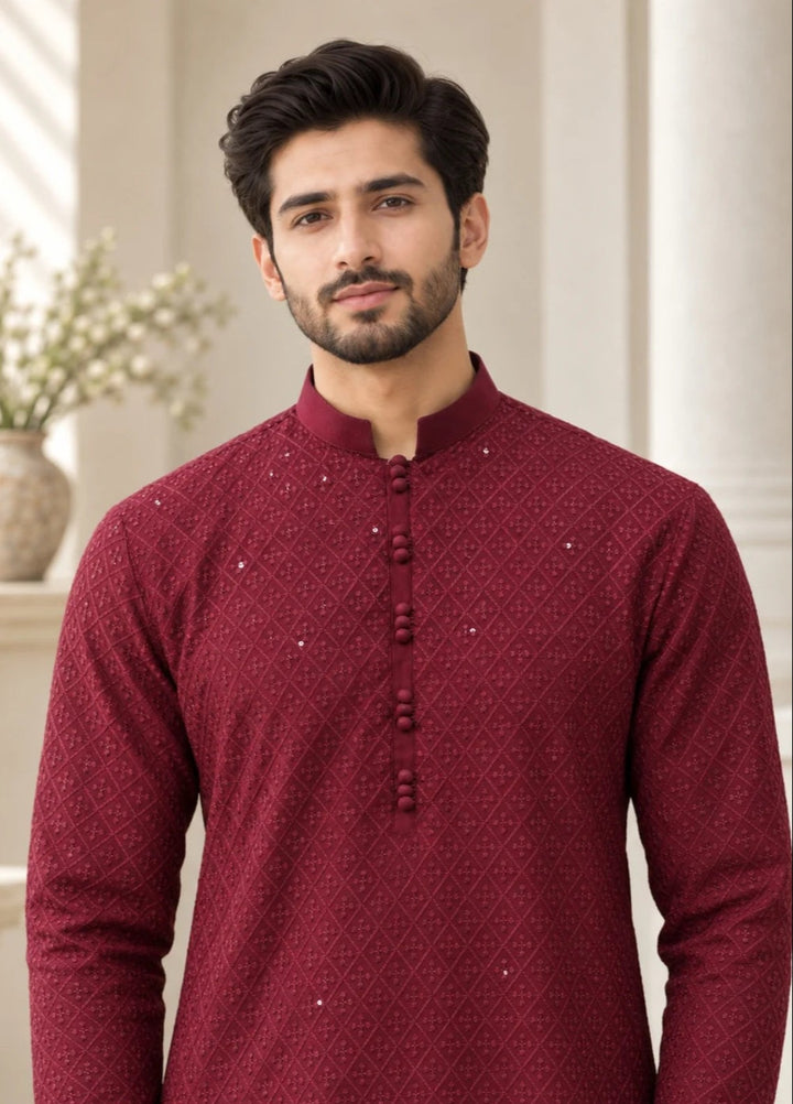 TGM Mens RTW Chikankari Chikankari Kurta Pajama Suit Titan Maroon Festive Collection
