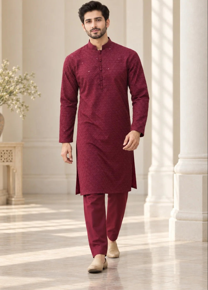 TGM Mens RTW Chikankari Chikankari Kurta Pajama Suit Titan Maroon Festive Collection