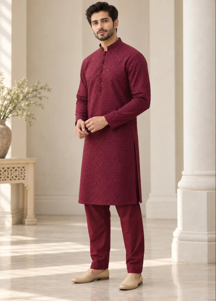 TGM Mens RTW Chikankari Chikankari Kurta Pajama Suit Titan Maroon Festive Collection