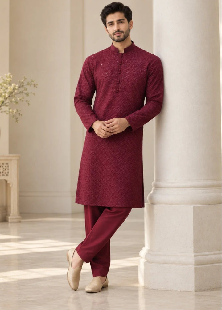 TGM Mens RTW Chikankari Chikankari Kurta Pajama Suit Titan Maroon Festive Collection