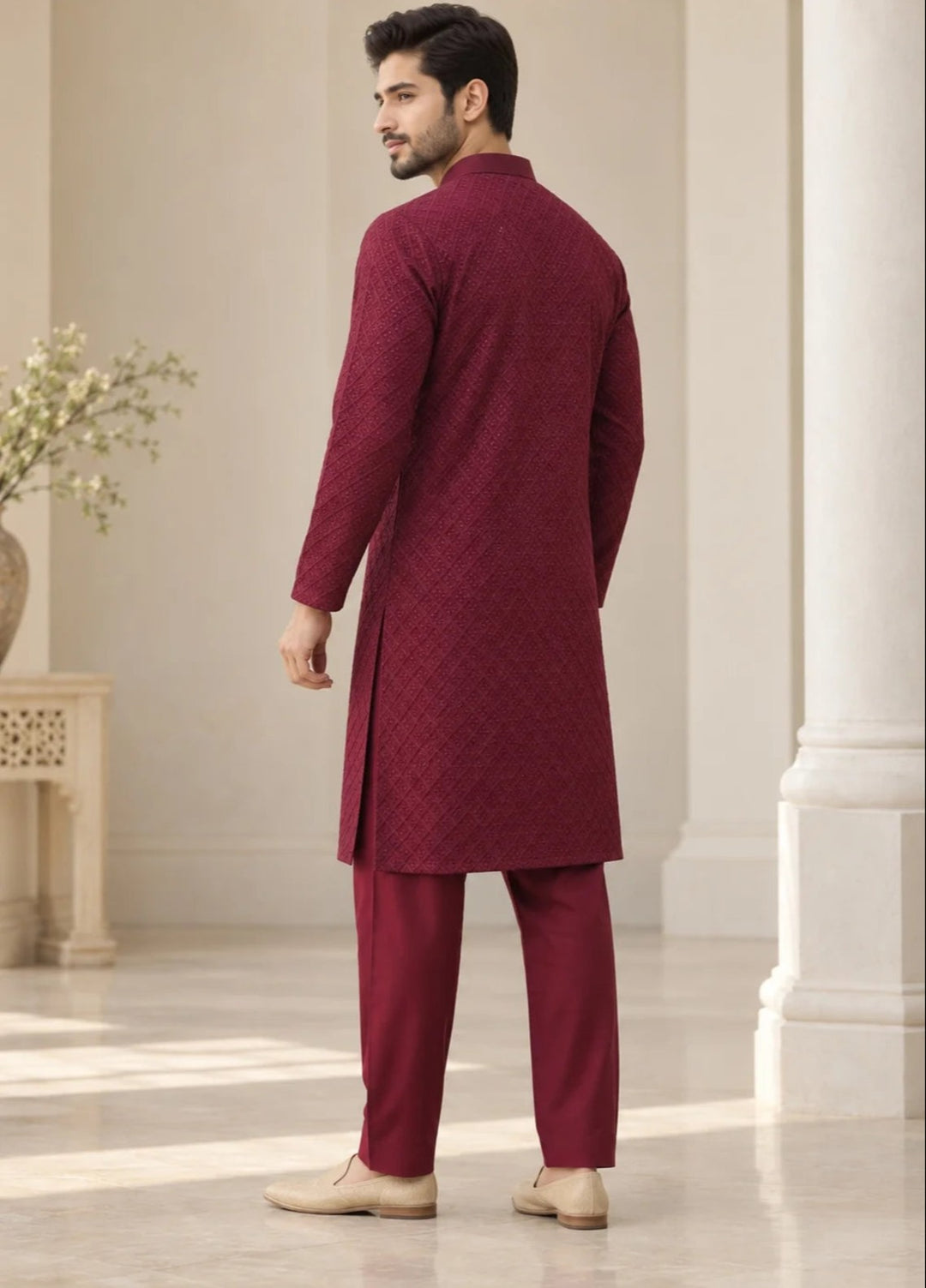 TGM Mens RTW Chikankari Chikankari Kurta Pajama Suit Titan Maroon Festive Collection