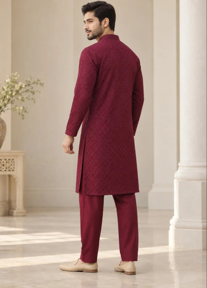 TGM Mens RTW Chikankari Chikankari Kurta Pajama Suit Titan Maroon Festive Collection