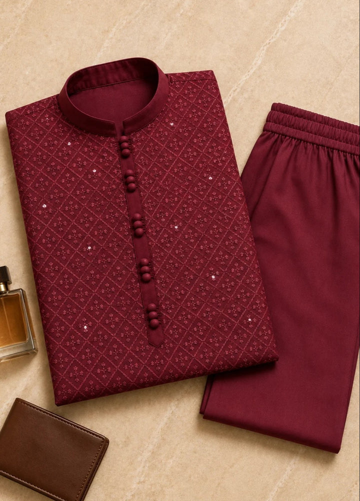 TGM Mens RTW Chikankari Chikankari Kurta Pajama Suit Titan Maroon Festive Collection
