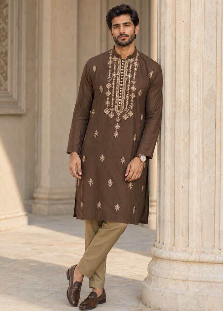 TGM Mens RTW Chikankari Chikankari Kurta Pajama Suit Elvar Brown Festive Collection
