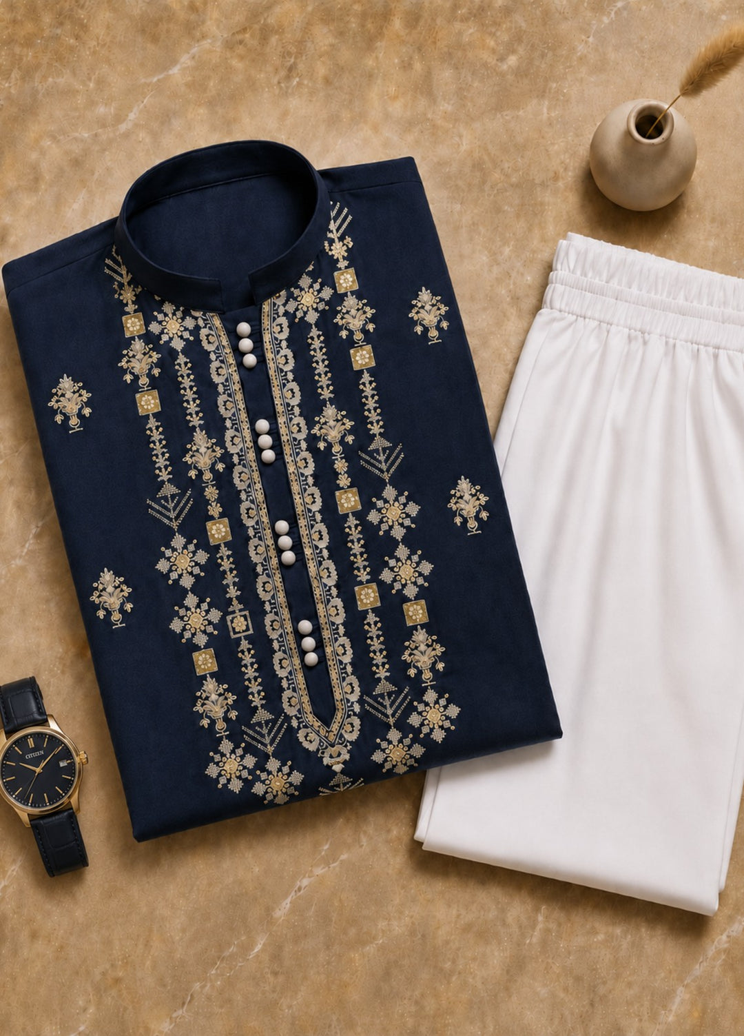 TGM Mens RTW Chikankari Chikankari Kurta Pajama Suit Elvar Navy Festive Collection