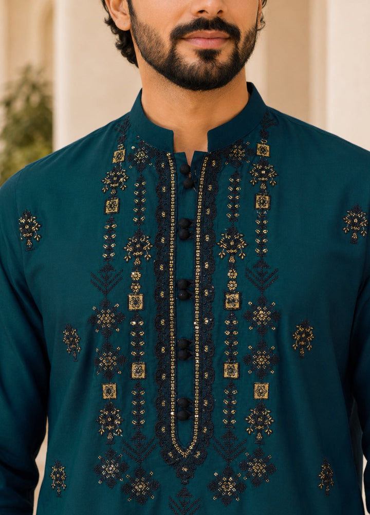TGM Mens RTW Chikankari Chikankari Kurta Pajama Suit Elvar Teal Festive Collection