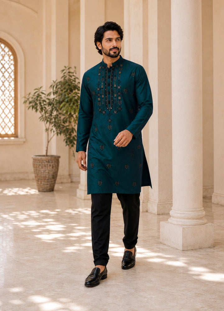 TGM Mens RTW Chikankari Chikankari Kurta Pajama Suit Elvar Teal Festive Collection