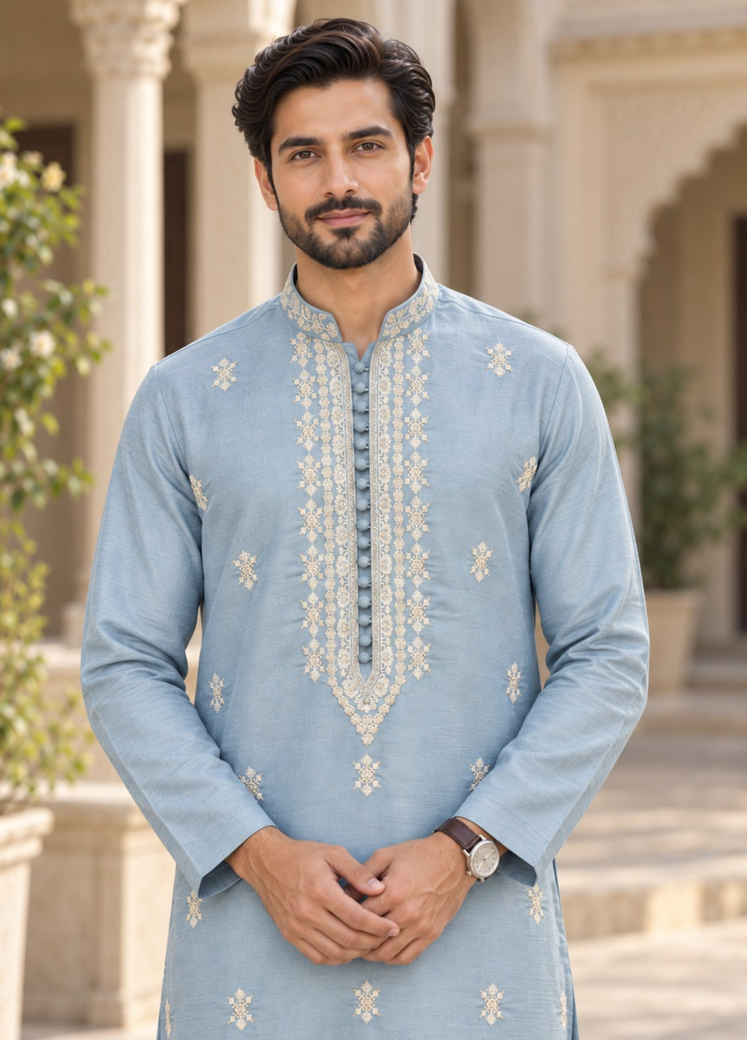 TGM Mens RTW Chikankari Chikankari Kurta Pajama Suit Aeron Ice Blue Festive Collection