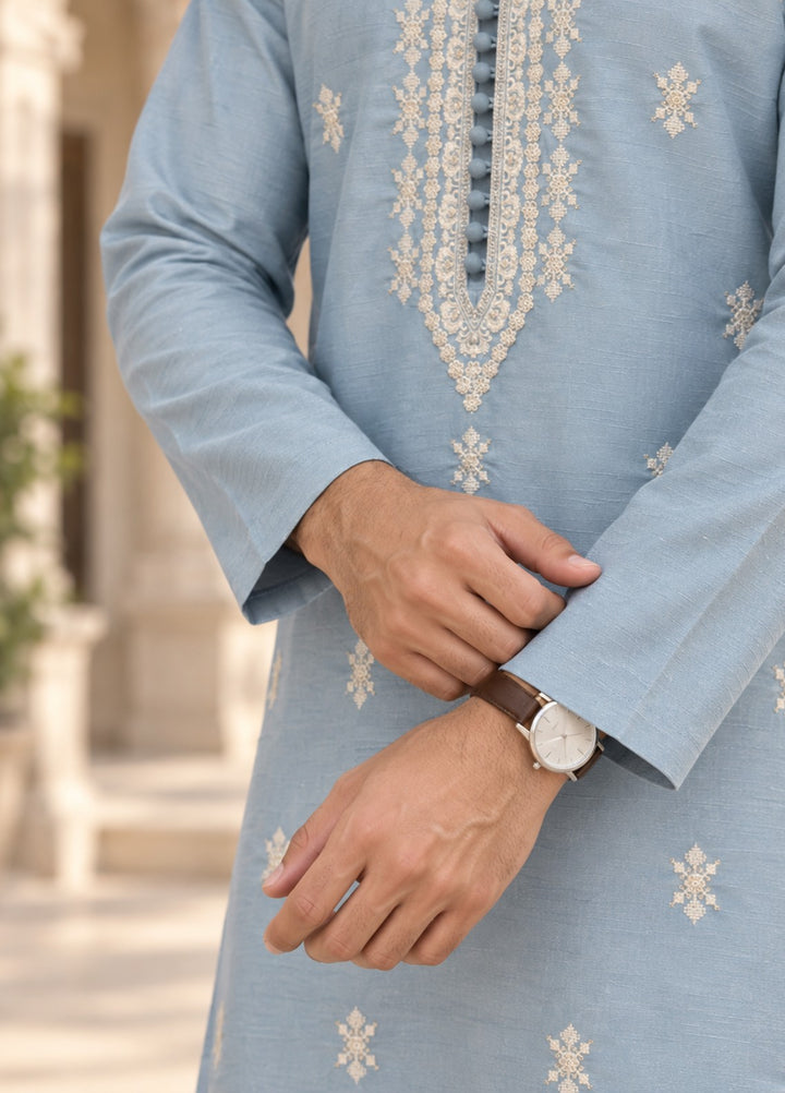 TGM Mens RTW Chikankari Chikankari Kurta Pajama Suit Aeron Ice Blue Festive Collection