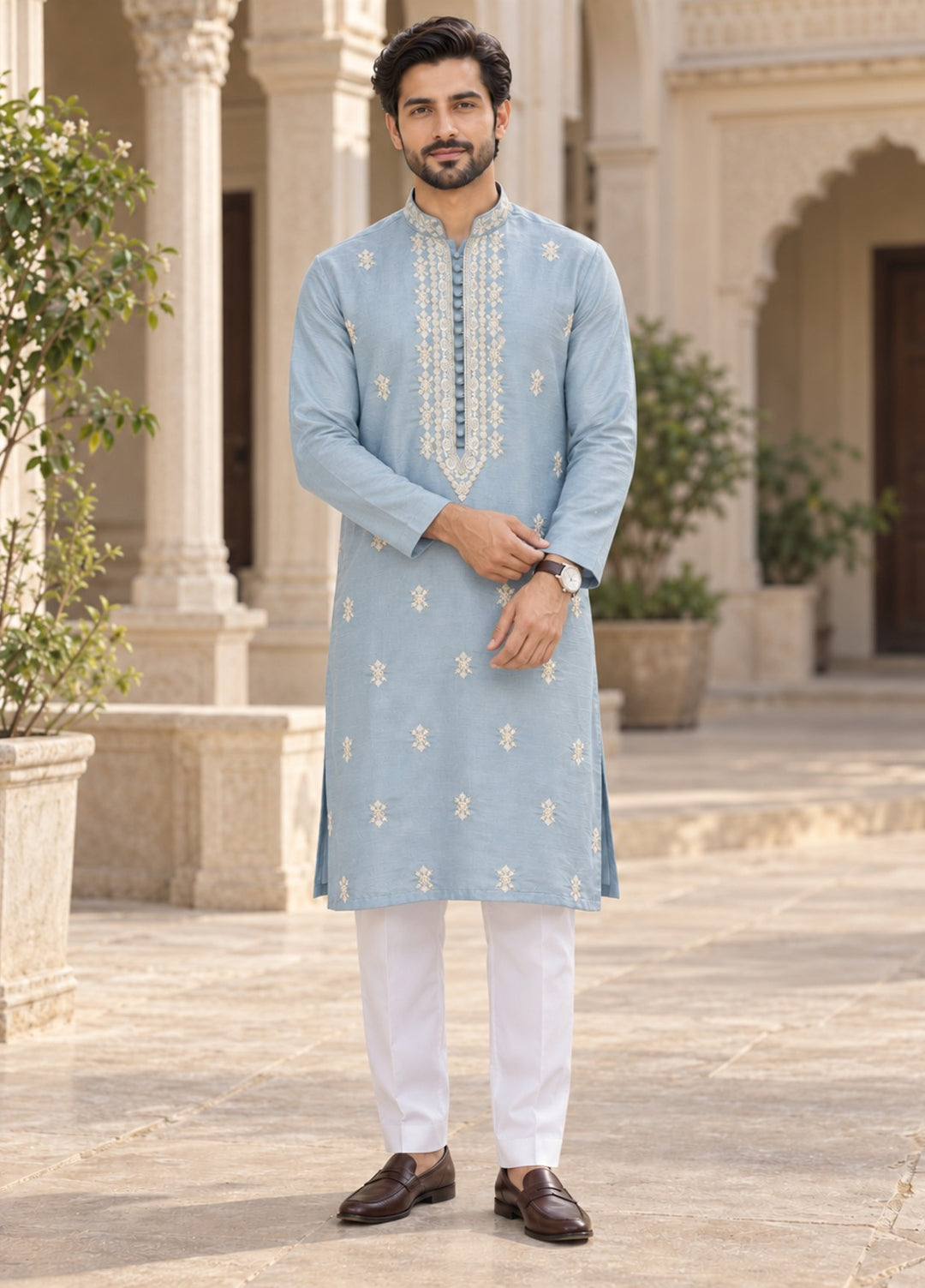 TGM Mens RTW Chikankari Chikankari Kurta Pajama Suit Aeron Ice Blue Festive Collection