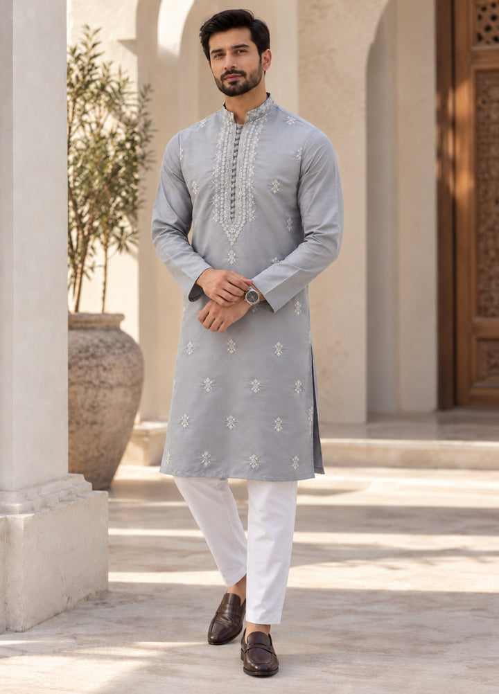 TGM Mens RTW Chikankari Chikankari Kurta Pajama Suit Aeron Grey Festive Collection