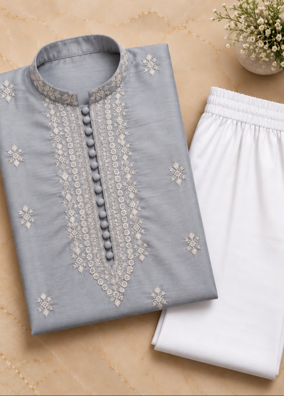 TGM Mens RTW Chikankari Chikankari Kurta Pajama Suit Aeron Grey Festive Collection
