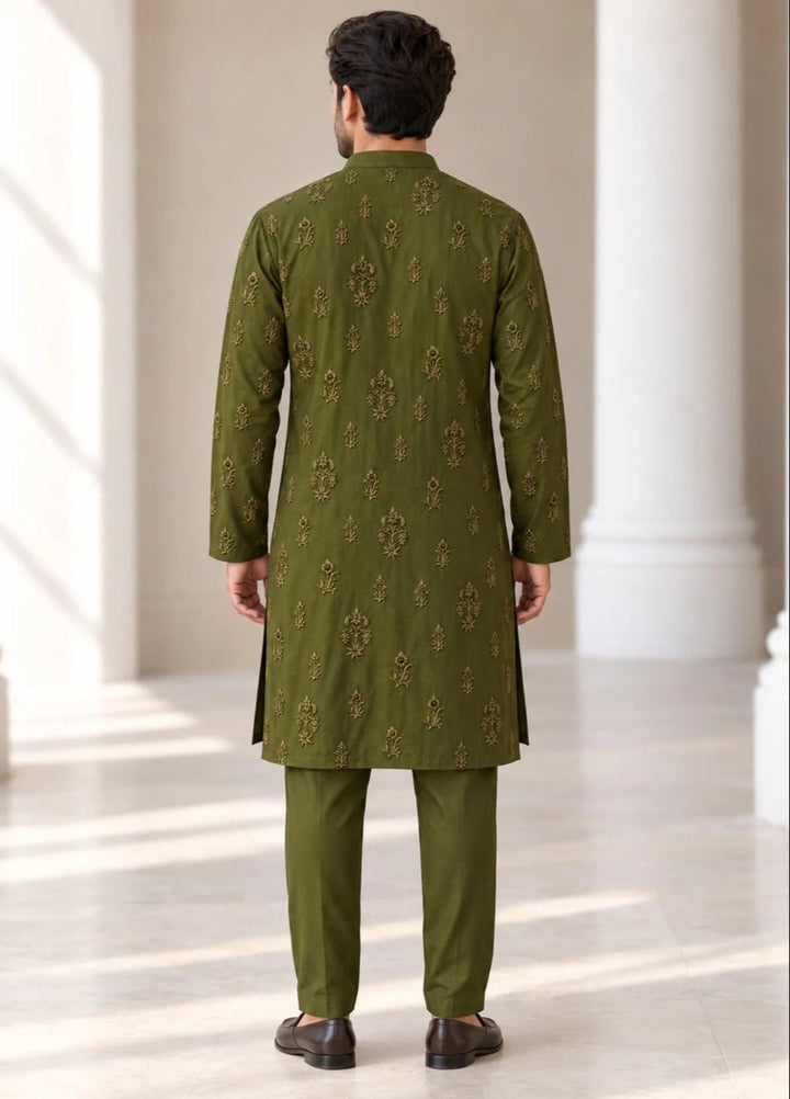 TGM Mens RTW Chikankari Chikankari Kurta Pajama Suit Titan Olive Festive Collection