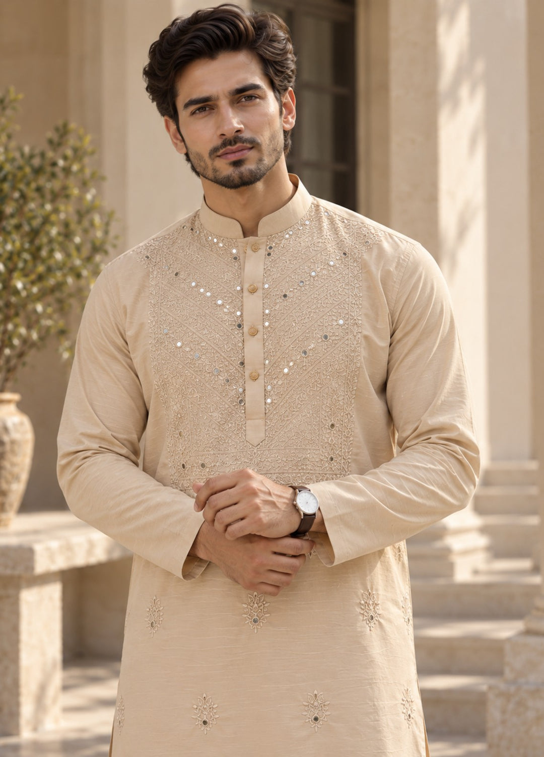 TGM Mens RTW Chikankari Chikankari Kurta Pajama Suit Vintage Cream Festive Collection