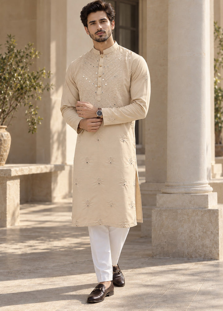 TGM Mens RTW Chikankari Chikankari Kurta Pajama Suit Vintage Cream Festive Collection