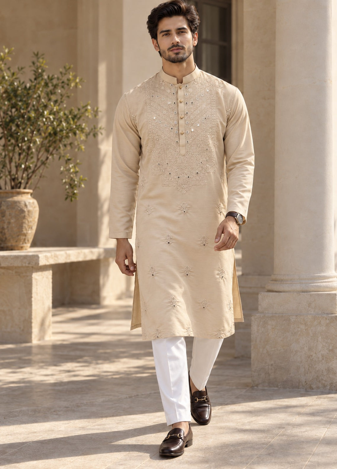 TGM Mens RTW Chikankari Chikankari Kurta Pajama Suit Vintage Cream Festive Collection