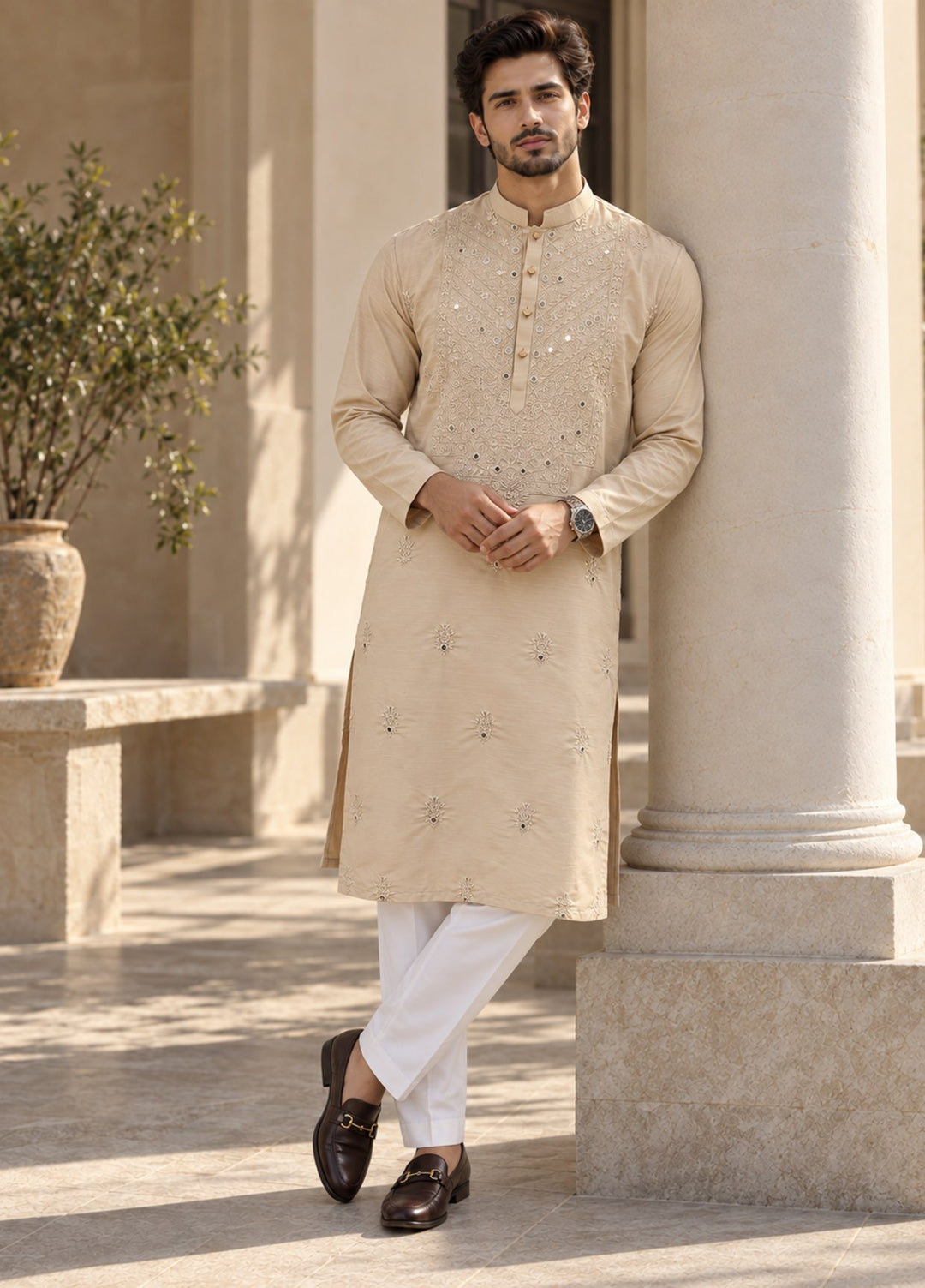 TGM Mens RTW Chikankari Chikankari Kurta Pajama Suit Vintage Cream Festive Collection