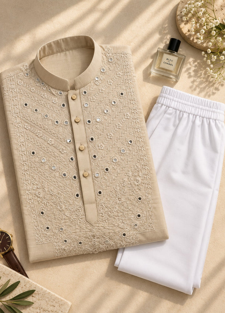 TGM Mens RTW Chikankari Chikankari Kurta Pajama Suit Vintage Cream Festive Collection