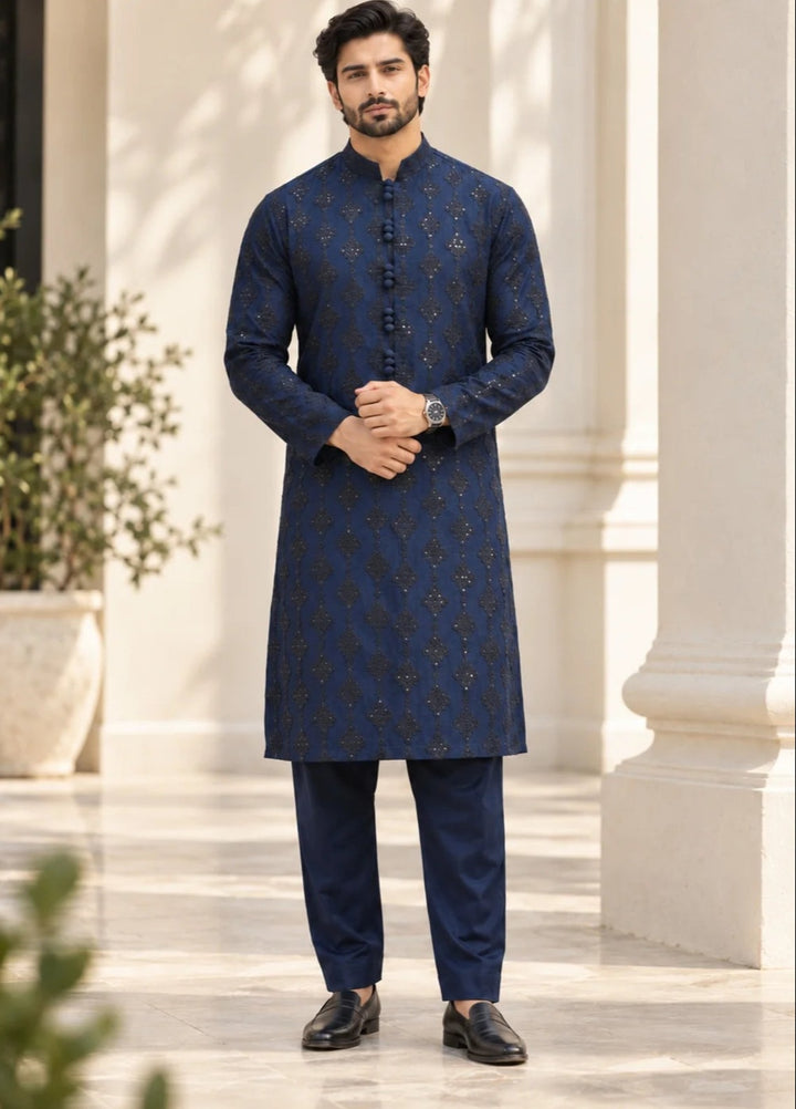 TGM Mens RTW Chikankari Chikankari Kurta Pajama Suit Titan Navy Festive Collection