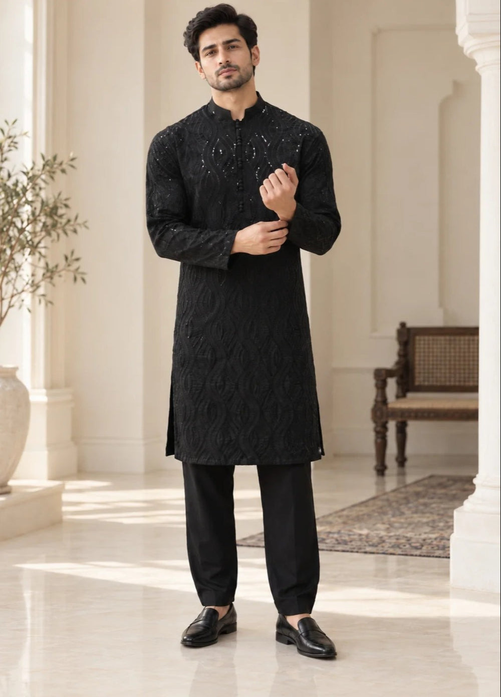 TGM Mens RTW Chikankari Chikankari Kurta Pajama Suit Titan Black Festive Collection