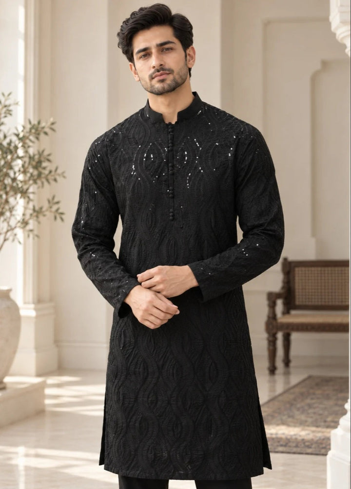 TGM Mens RTW Chikankari Chikankari Kurta Pajama Suit Titan Black Festive Collection
