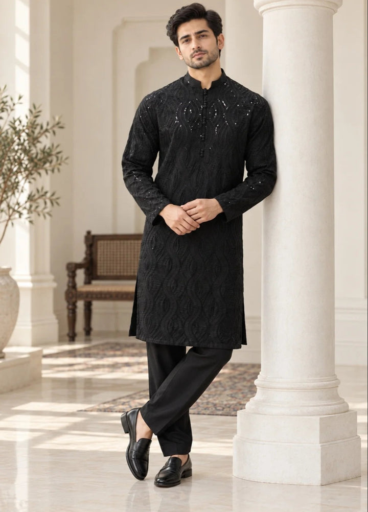 TGM Mens RTW Chikankari Chikankari Kurta Pajama Suit Titan Black Festive Collection