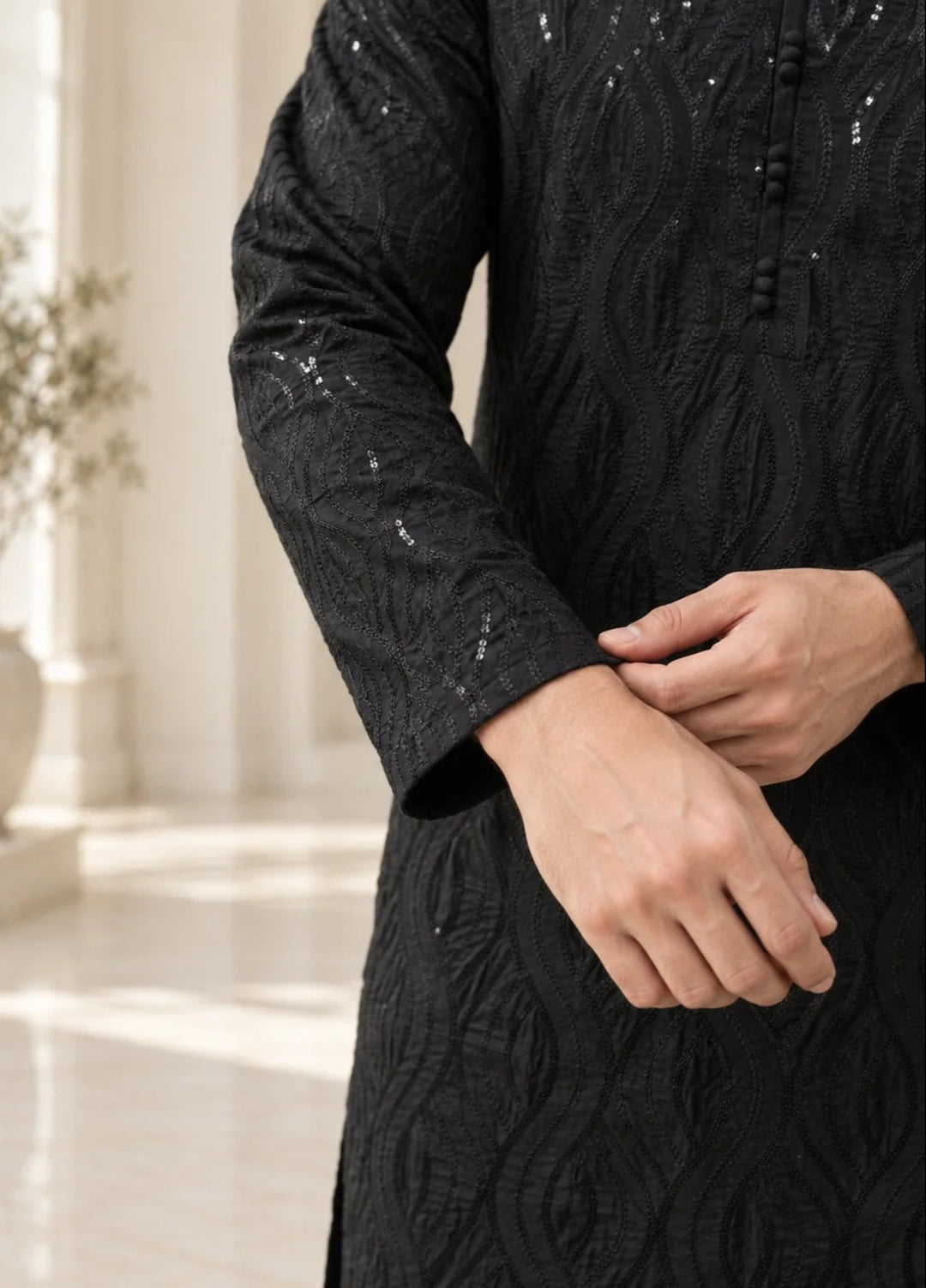 TGM Mens RTW Chikankari Chikankari Kurta Pajama Suit Titan Black Festive Collection