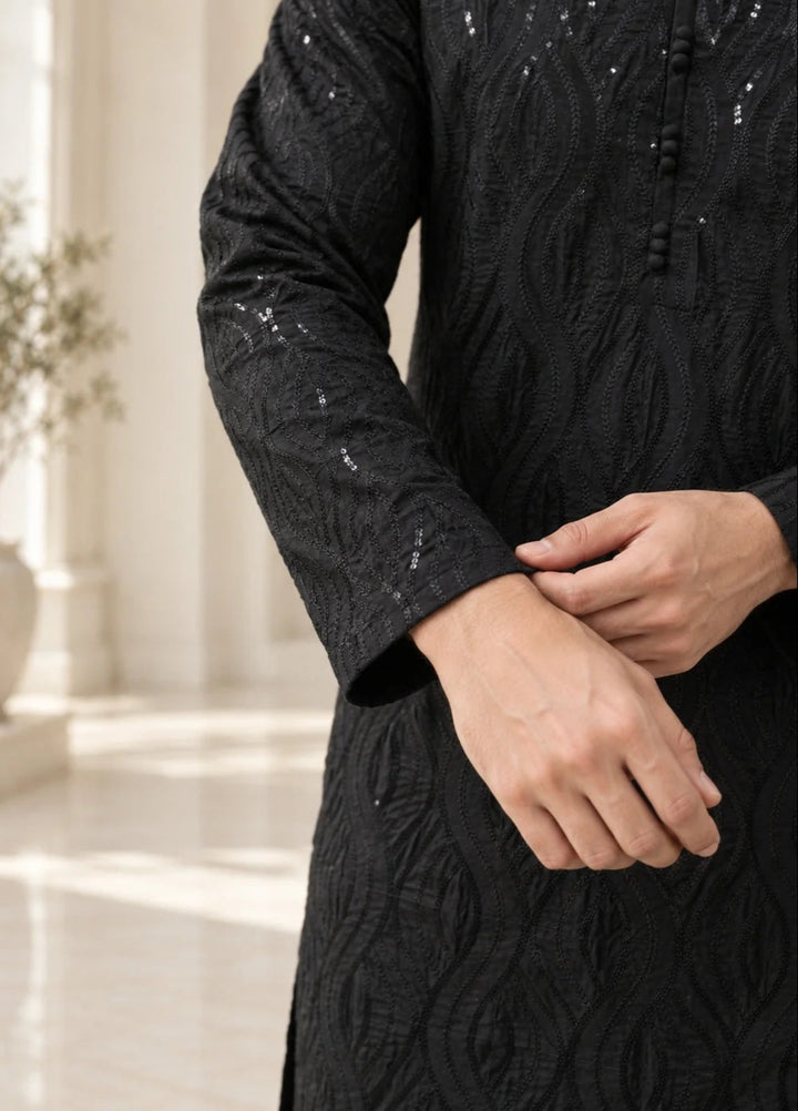 TGM Mens RTW Chikankari Chikankari Kurta Pajama Suit Titan Black Festive Collection