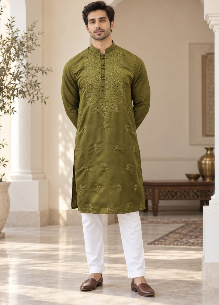 TGM Mens RTW Chikankari Chikankari Kurta Pajama Suit Olive Luxe Festive Collection