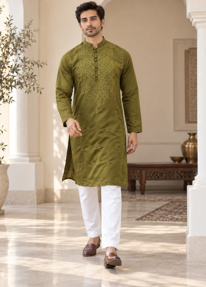 TGM Mens RTW Chikankari Chikankari Kurta Pajama Suit Olive Luxe Festive Collection