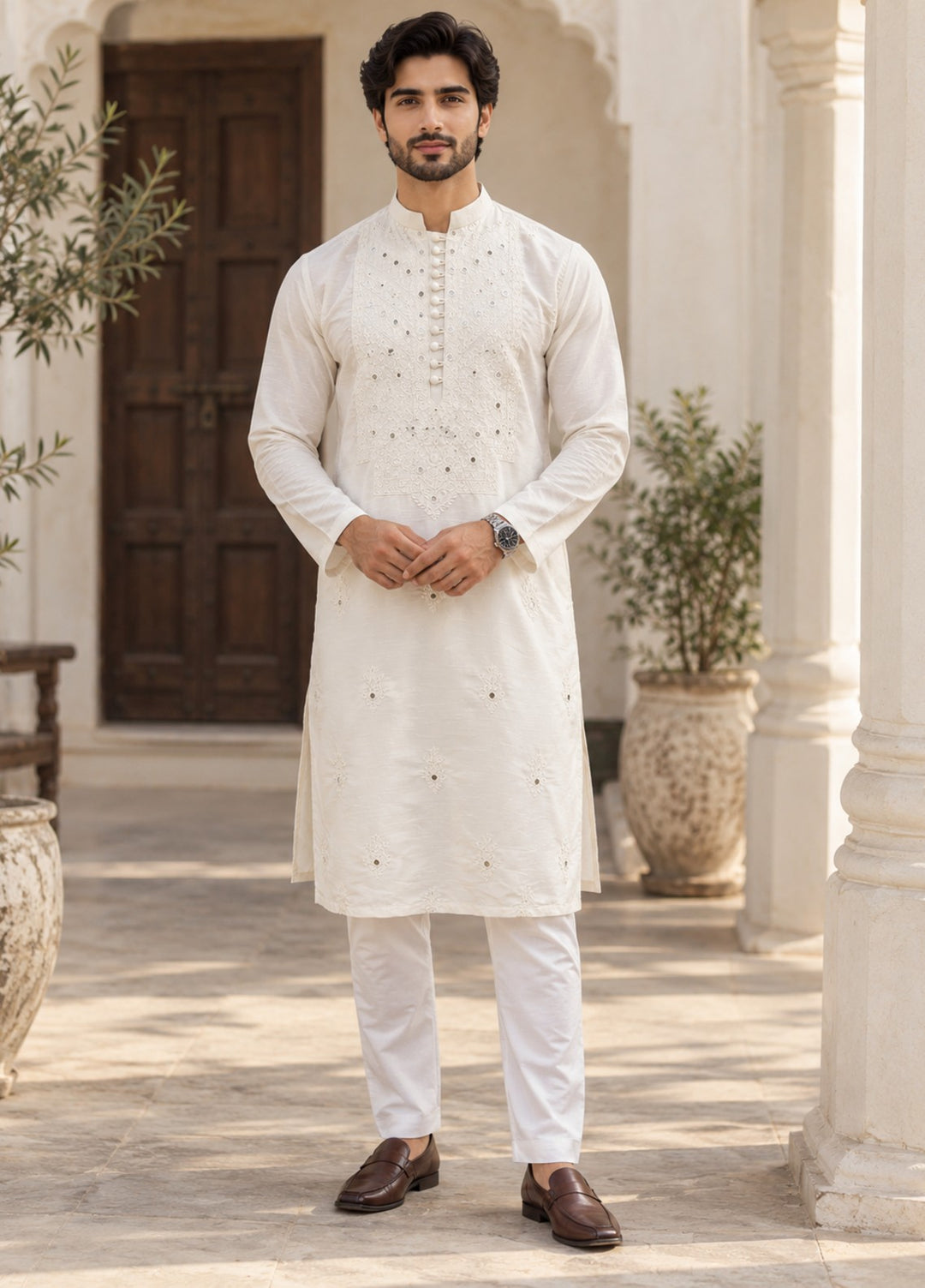 TGM Mens RTW Chikankari Chikankari Kurta Pajama Suit White Prism Festive Collection