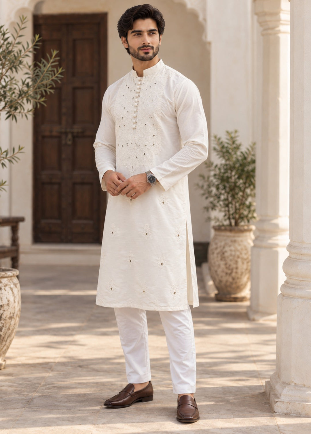 TGM Mens RTW Chikankari Chikankari Kurta Pajama Suit White Prism Festive Collection