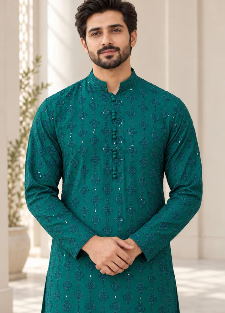 TGM Mens RTW Chikankari Chikankari Kurta Pajama Suit Titan Turquoise Festive Collection