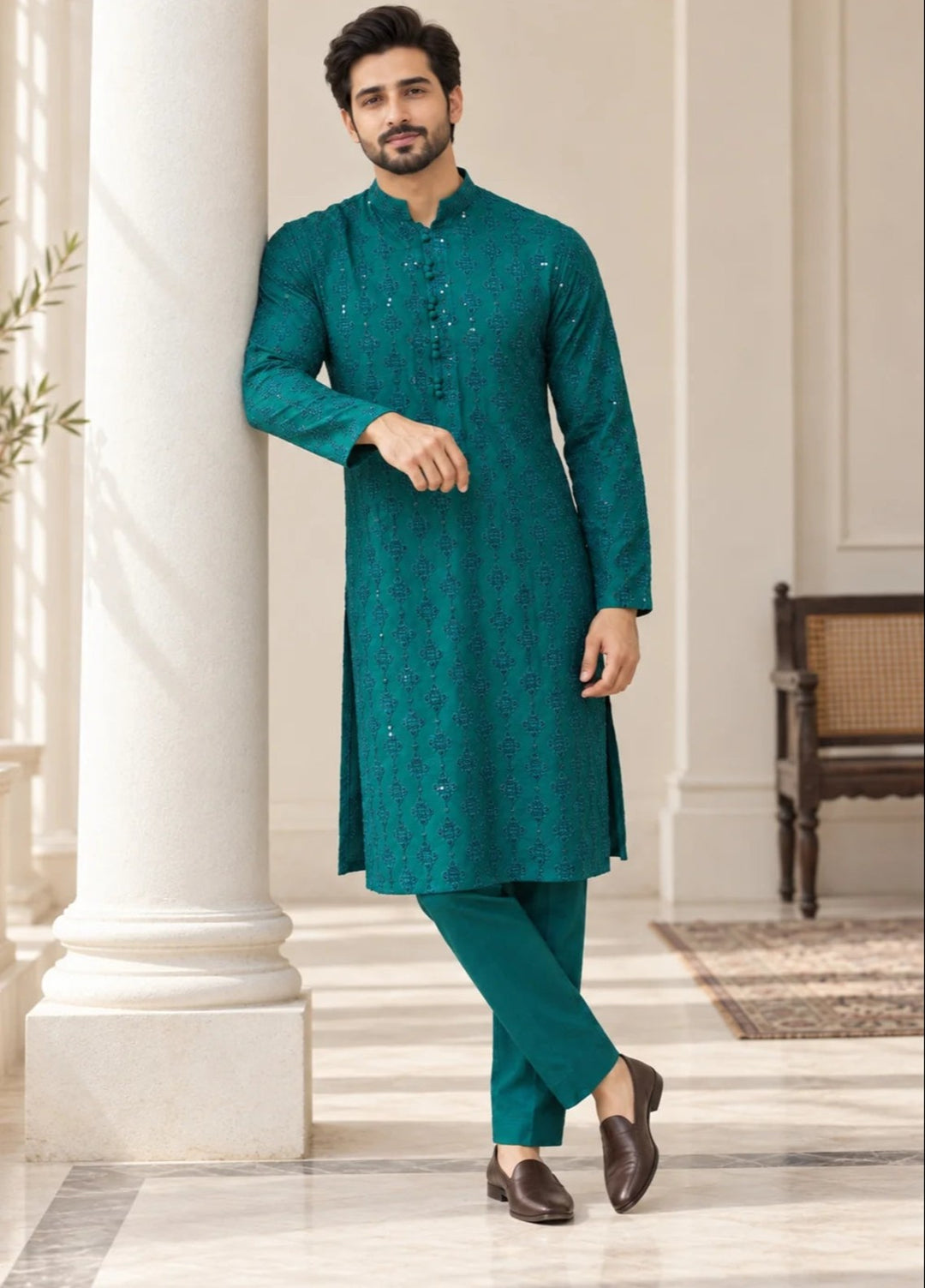 TGM Mens RTW Chikankari Chikankari Kurta Pajama Suit Titan Turquoise Festive Collection