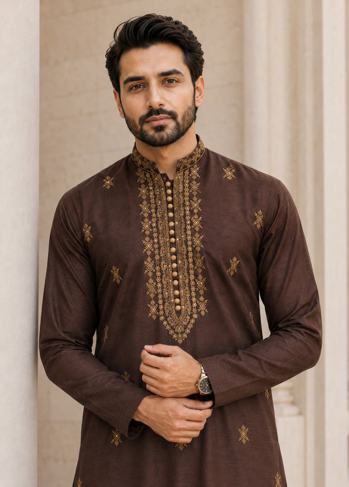TGM Mens RTW Chikankari Chikankari Kurta Pajama Suit Aeron Brown Festive Collection