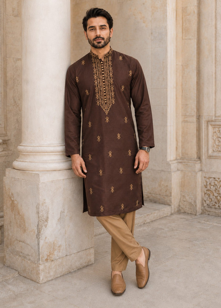 TGM Mens RTW Chikankari Chikankari Kurta Pajama Suit Aeron Brown Festive Collection
