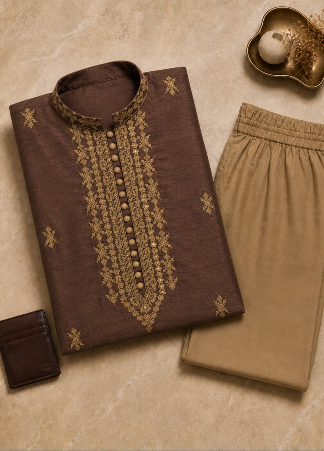 TGM Mens RTW Chikankari Chikankari Kurta Pajama Suit Aeron Brown Festive Collection