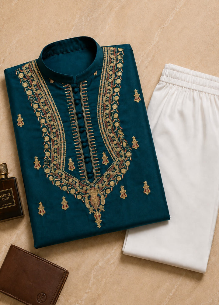 TGM Mens RTW Chikankari Chikankari Kurta Pajama Suit Vian Teal Festive Collection