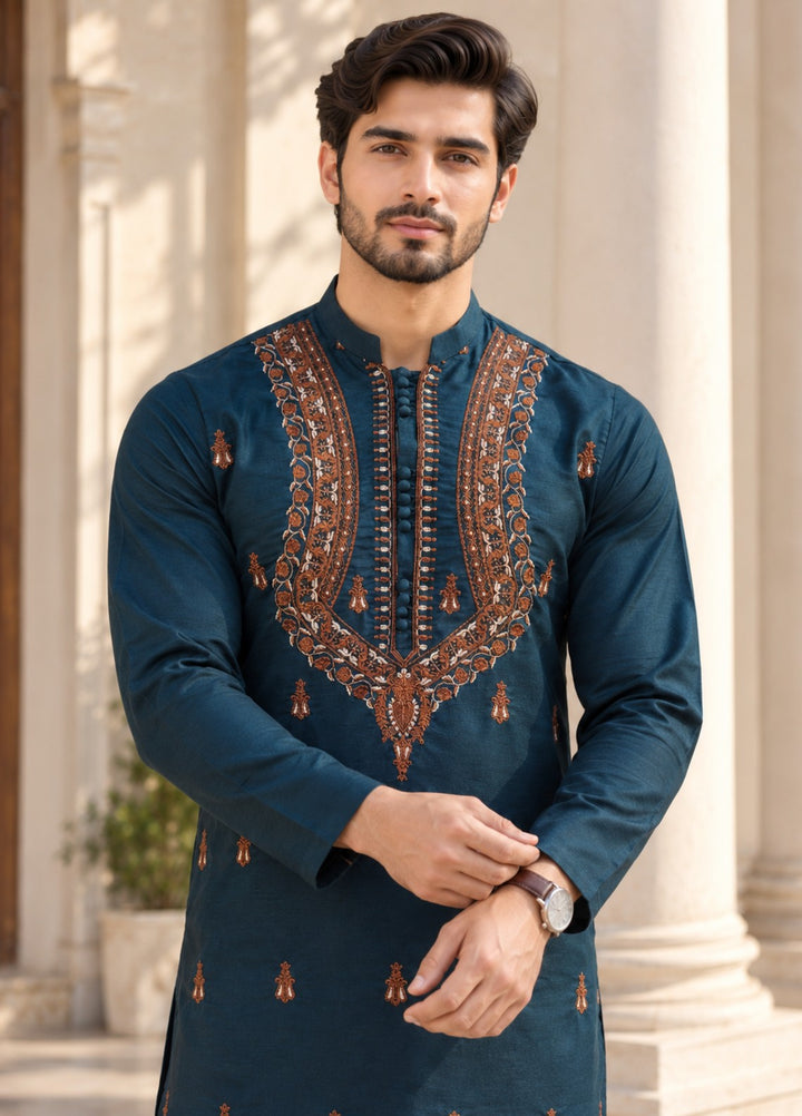 TGM Mens RTW Chikankari Chikankari Kurta Pajama Suit Vian Deep Teal Festive Collection